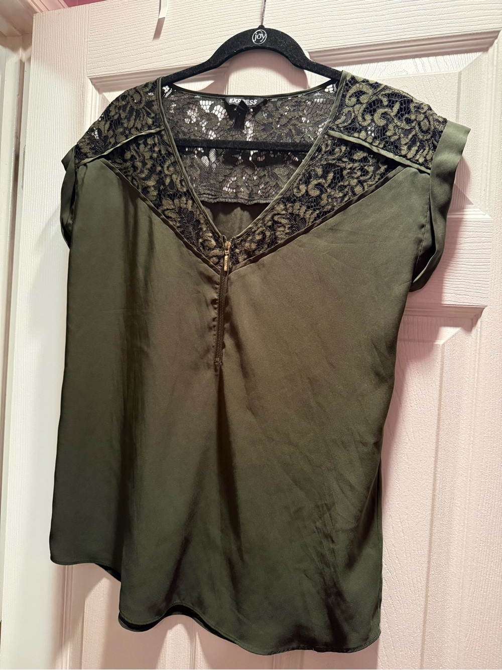 Express Olive Green Lace-Trim V-Neck Cap Sleeve Blouse